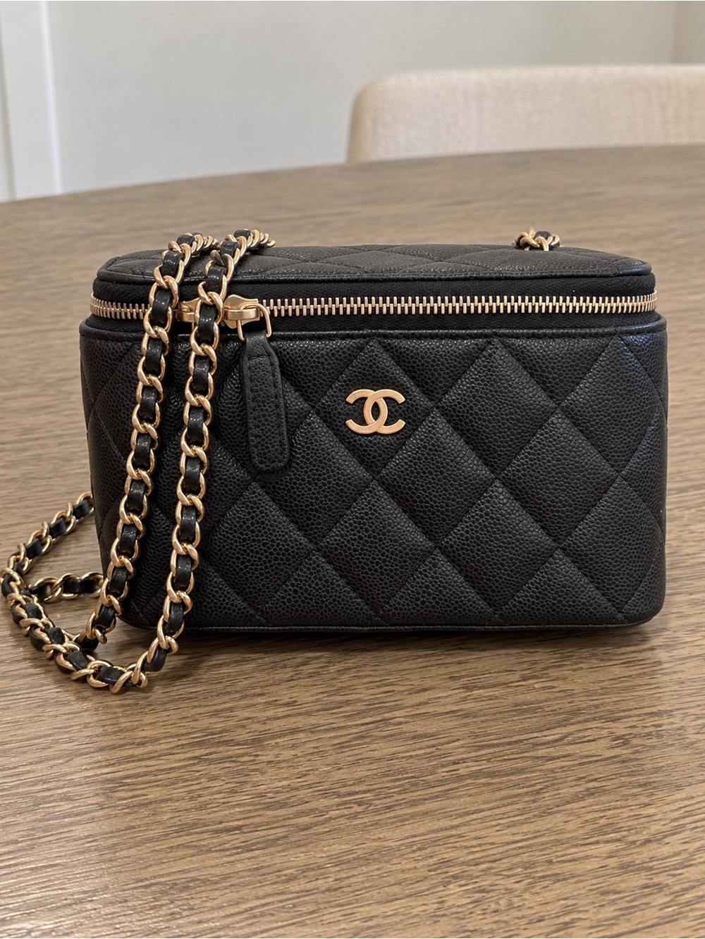 CHANEL Black Quilted Crossbody with Gold Chain